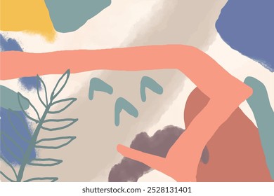 Abstract art banner featuring watercolor leaves branches combined with hand-drawn doodle scribble floral plants.
