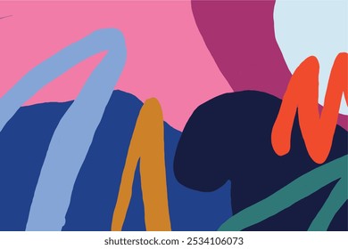 Abstract art banner featuring watercolor leaves branches combined with hand-drawn doodle scribble floral plants.
