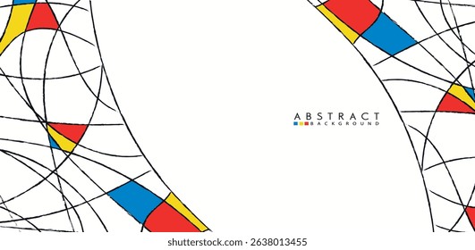 Abstract art banner. Wavy brushstrokes, ink lines and Mondrian-inspired geometric shapes in red, blue, and yellow. Clean minimal design with curved motion and white space.
