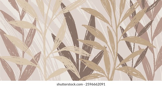 Abstract art beige colors tropical line art leaves background vector. Wallpaper design with leaves shape and scribble doodle linear leaf. vintage botanical floral pattern