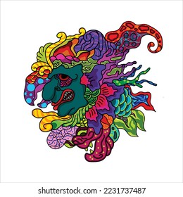Abstract art of bizarre creatures from the center of the ocean with various shapes and colors