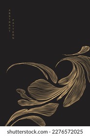 Abstract art black background with hand drawn line texture vector. Floral pattern banner design with Natural decoration in luxury style. Gold flower frame and border in retro style. 
