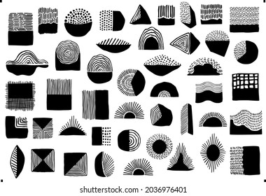 abstract art black color geometric dot  line and curves art shapes and forms, spotted doodles decoration elements set, hand drawn isolated vector illustration graphics