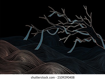 abstract art, black and gold illustration of branch with tape with gold waves	