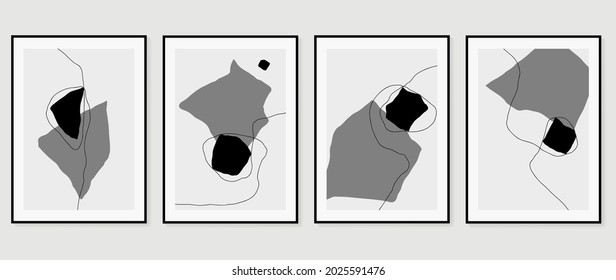 Abstract art black and white background vector. Minimal hand painted watercolor and line art illustration.  Design for wall decoration, wall arts, cover, postcards, brochure. 