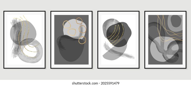 Abstract art black and white background vector. Minimal hand painted watercolor and line art illustration.  Design for wall decoration, wall arts, cover, postcards, brochure. 