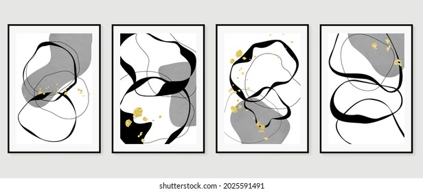 Abstract art black and white background vector. Minimal hand painted watercolor and line art illustration.  Design for wall decoration, wall arts, cover, postcards, brochure. 