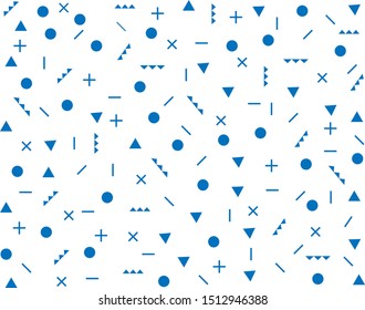 Abstract art blue background. Different geometric shapes pattern memphis design.