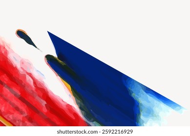 Abstract art with bold colors. Red, blue, and white shapes create dynamic movement. Abstract art emphasizes color and form. Bold colors and shapes dominate. Vector illustration.