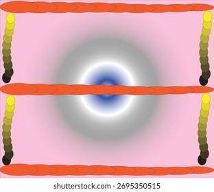 Arte abstrata com um efeito de quadro laranja em negrito e gradientes de cor amarelo-preto verticais. Apresenta um gradiente radial central azul e branco. Perfeito para decoração moderna.