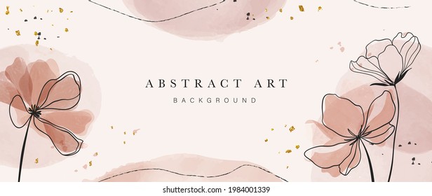 Abstract art botanical background vector set. Luxury wallpaper with pink and earth tone watercolor, leaf, flower, tree and gold glitter. Minimal Design for text, packaging, prints, wall decoration.