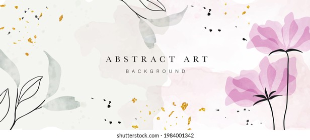 Abstract art botanical background vector set. Luxury wallpaper with pink and earth tone watercolor, leaf, flower, tree and gold glitter. Minimal Design for text, packaging, prints, wall decoration.