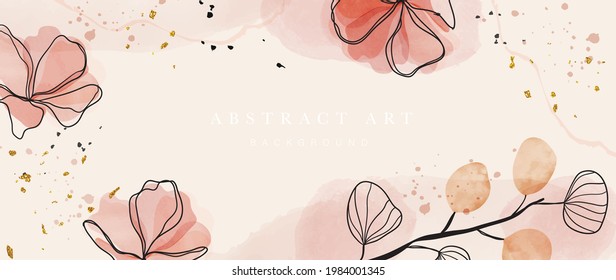 Abstract art botanical background vector set. Luxury wallpaper with pink and earth tone watercolor, leaf, flower, tree and gold glitter. Minimal Design for text, packaging, prints, wall decoration.