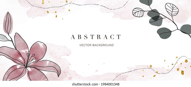 Resumen conjunto de vectores de fondo botánico de arte. Papel de lujo con acuarela de color rosa y tierra, hoja, flor, árbol y brillo dorado. Diseño mínimo para texto, empaque, impresiones, decoración de pared.