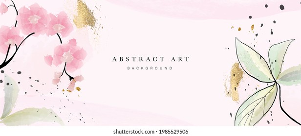 Abstract art botanical background vector. Luxury wallpaper with pink and earth tone watercolor, leaf, flower, tree and gold glitter. Minimal Design for text, packaging, prints, wall decoration.