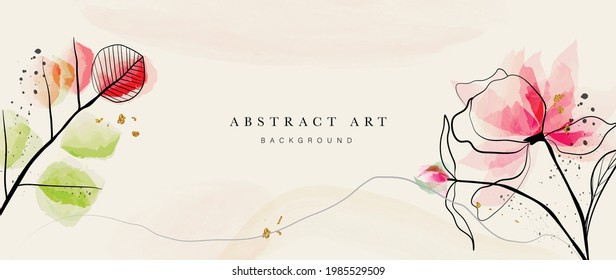 Abstract art botanical background vector. Luxury wallpaper with pink and earth tone watercolor, leaf, flower, tree and gold glitter. Minimal Design for text, packaging, prints, wall decoration.