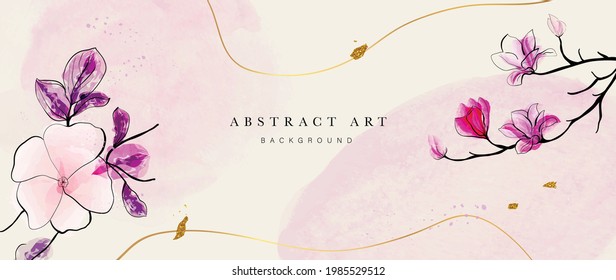 Resumen del vector de fondo botánico de arte. Papel de lujo con acuarela de color rosa y tierra, hoja, flor, árbol y brillo dorado. Diseño mínimo para texto, empaque, impresiones, decoración de pared.