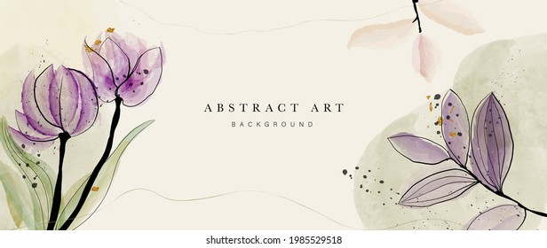 Resumen del vector de fondo botánico de arte. Papel de lujo con acuarela de color rosa y tierra, hoja, flor, árbol y brillo dorado. Diseño mínimo para texto, empaque, impresiones, decoración de pared.