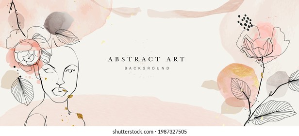 Abstract art botanical background vector . Luxury wallpaper design with women face, leaf, flower and tree  with earth tone watercolor and gold glitter. Minimal Design for text, packaging and prints.