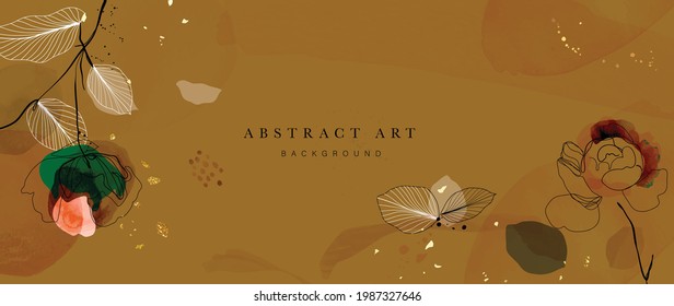 Abstract art botanical background vector. Luxury wallpaper with dark and earth tone watercolor, leaf, flower, tree and gold glitter. Minimal Design for text, packaging, prints, wall decoration.