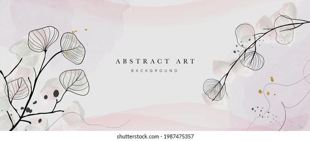 Abstract art botanical background vector . Luxury wallpaper design with women face, leaf, flower and tree  with earth tone watercolor and gold glitter. Minimal Design for text, packaging and prints.
