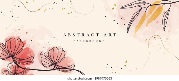 Abstract art botanical background vector . Luxury wallpaper design with women face, leaf, flower and tree  with earth tone watercolor and gold glitter. Minimal Design for text, packaging and prints.