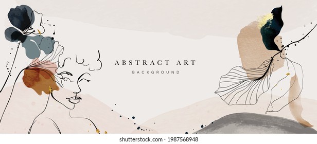 Abstract art botanical background vector . Luxury wallpaper design with women face, leaf, flower and tree  with earth tone watercolor and gold glitter. Minimal Design for text, packaging and prints.