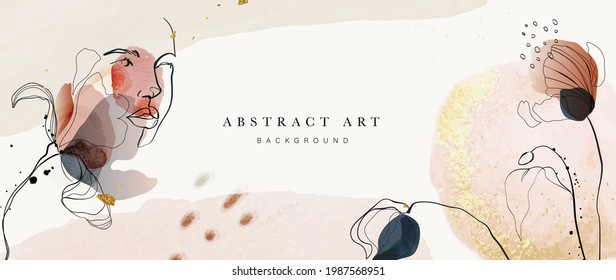 Abstract art botanical background vector . Luxury wallpaper design with women face, leaf, flower and tree  with earth tone watercolor and gold glitter. Minimal Design for text, packaging and prints.