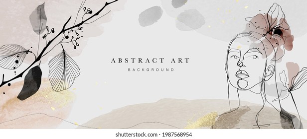 Abstract art botanical background vector . Luxury wallpaper design with women face, leaf, flower and tree  with earth tone watercolor and gold glitter. Minimal Design for text, packaging and prints.