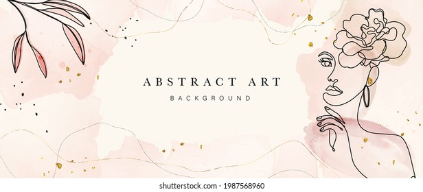 Abstract art botanical background vector . Luxury wallpaper design with women face, leaf, flower and tree  with earth tone watercolor and gold glitter. Minimal Design for text, packaging and prints.
