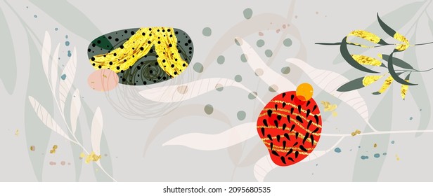 Abstract art botanical background vector. Luxury wallpaper with earth tone watercolor, leaf, flower, tree  Minimal Design for text, packaging, prints, wall decoration.