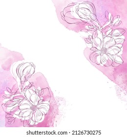 Resumen del vector de fondo botánico de arte. Diseño de papel pintado de lujo con flores de magnolia sobre fondo de color rosa. Diseño mínimo para texto, empaque e impresiones. 