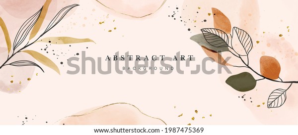 Abstract art botanical background vector . Luxury\
wallpaper design with women face, leaf, flower and tree  with earth\
tone watercolor and gold glitter. Minimal Design for text,\
packaging and prints.