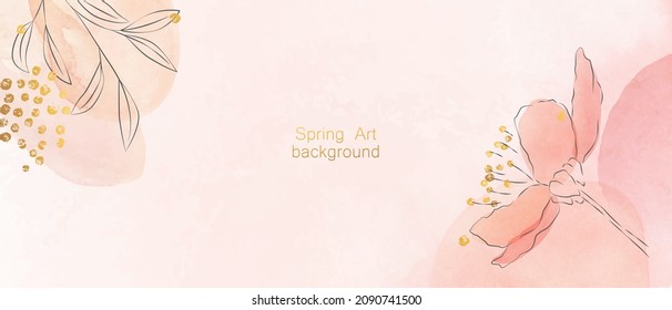 Abstract art botanical composition. Spring minimal design in pink and golden shades. Hand sketched cherry blossoms, plants, leaves.