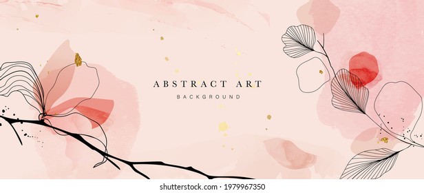 Abstract art botanical pink background vector. Luxury wallpaper with pink and earth tone watercolor, leaf, flower, tree and gold glitter. Minimal Design for text, packaging, prints, wall decoration. - Shutterstock ID 1979967350