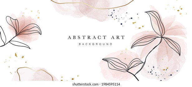 Abstract art botanical pink background vector. Luxury wallpaper with pink and earth tone watercolor, leaf, flower, tree and gold glitter. Minimal Design for text, packaging, prints, wall decoration.