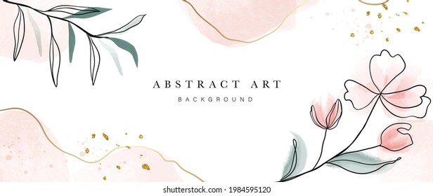 Abstract art botanical pink background vector. Luxury wallpaper with pink and earth tone watercolor, leaf, flower, tree and gold glitter. Minimal Design for text, packaging, prints, wall decoration.