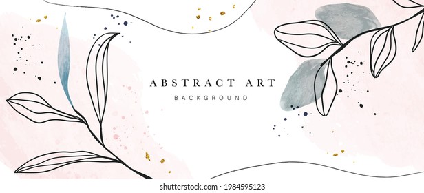 Abstract art botanical pink background vector. Luxury wallpaper with pink and earth tone watercolor, leaf, flower, tree and gold glitter. Minimal Design for text, packaging, prints, wall decoration.