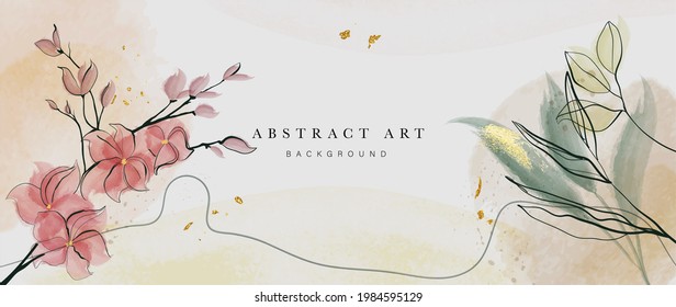 Resumen de arte vector de fondo rosado botánico. Papel de lujo con acuarela de color rosa y tierra, hoja, flor, árbol y brillo dorado. Diseño mínimo para texto, empaque, impresiones, decoración de pared.