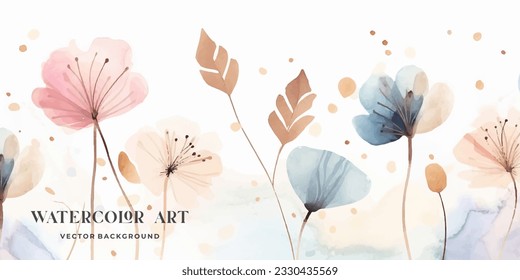 Resumen de arte vector de fondo rosado botánico. Papel de lujo con acuarela de color rosa y tierra, hoja, flor, árbol y brillo dorado. Diseño mínimo para texto, empaque, impresiones, decoración de pared.