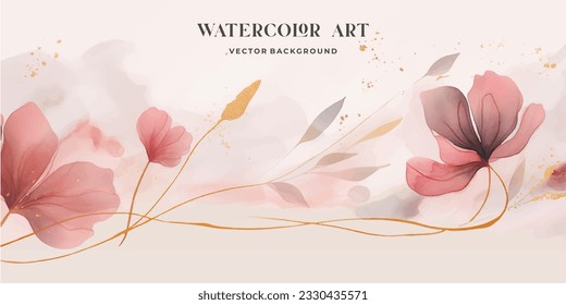 Abstract art botanical pink background vector. Luxury wallpaper with pink and earth tone watercolor, leaf, flower, tree and gold glitter. Minimal Design for text, packaging, prints, wall decoration.