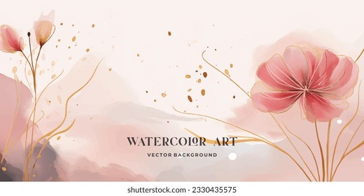 Abstract art botanical pink background vector. Luxury wallpaper with pink and earth tone watercolor, leaf, flower, tree and gold glitter. Minimal Design for text, packaging, prints, wall decoration.