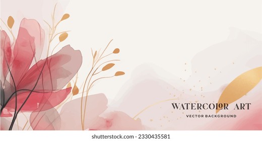 Resumen de arte vector de fondo rosado botánico. Papel de lujo con acuarela de color rosa y tierra, hoja, flor, árbol y brillo dorado. Diseño mínimo para texto, empaque, impresiones, decoración de pared.