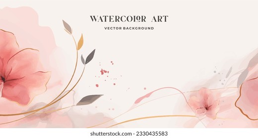 Abstract art botanical pink background vector. Luxury wallpaper with pink and earth tone watercolor, leaf, flower, tree and gold glitter. Minimal Design for text, packaging, prints, wall decoration.