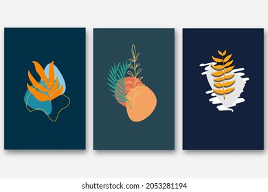 Abstract art botanical set on dark background vector. Modern shape line art wallpaper. natural tropical leaves and floral pattern design for home decor, wall art, social media posts