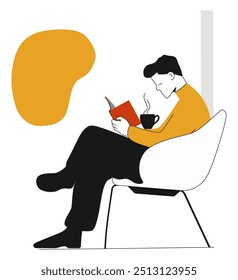 Abstract Art of a Boy Sitting on a Chair Reading a Book while Drinking Coffee. Flat Vector Illustration