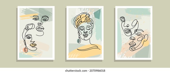 Abstract art brush paint and women one line wall collection. Abstract design doodles various shapes. Fashion trend minimalist style