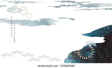 Abstract art with brush stroke vector. Japanese icon and pattern with blue watercolor painting  texture in vintage style. Ocean wave banner design.