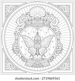 Abstrakte Kunst Schmetterling in der Flasche mit geschnitzten und Kreis Grenze, Lernen und Bildung Färbung Seite Illustration für Erwachsene und Kinder. Vektorkonturstil, Schwarz-Weiß-Zeichnung für verschiedene Zwecke.
