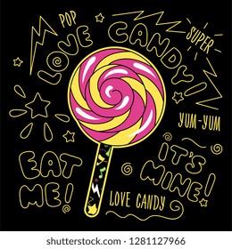 Abstract art candy on black background. Fashion illustration drawing in modern style for clothes. Drawing for kids clothes, t-shirts, textiles and fabrics or packaging.